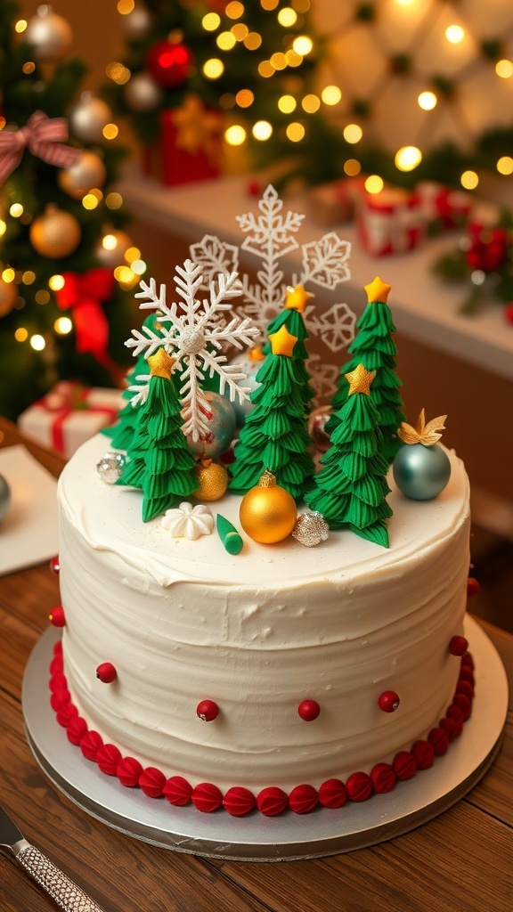 A Christmas cake with fondant decorations including snowflakes and trees, set on a festive table.